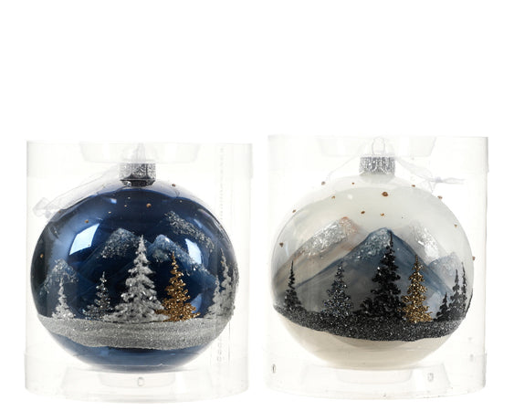 Palline per albero di Natale in vetro bianca e blu con paesaggio innevato da 10  cm