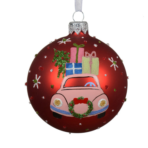 Palline per albero di Natale in vetro decorate rosso con auto , 6 pezzi