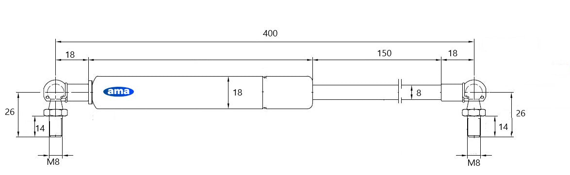 Molla a gas estensione max 400mm 200 N