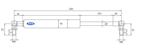 Molla a gas estensione max 520mm 170 N adattabile a Same