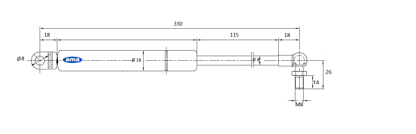 Molla a gas estensione max 330mm 110N adattabile a Same