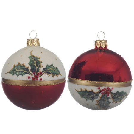 Palline per albero di Natale in vetro decorate bianco e rosso con vischio, 6 pezzi