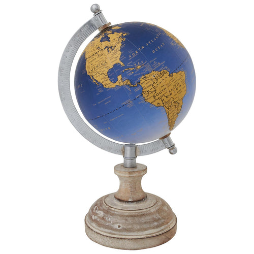 Mappamondo Blu con piedistallo in legno girevole sull'asse decorazione moderna h 24 cm