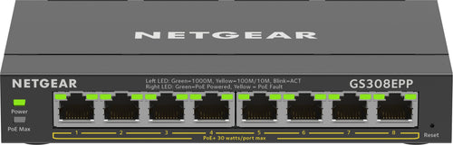 Netgear 8-port gigabit ethernet high-power poe+ plus switch (gs308epp) gestito l2/l3 gigabit ethernet (10/100/1000) supporto power over ethernet (poe) nero - GS308EPP-100PES
