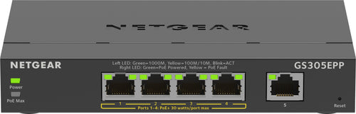 Netgear 5-port gigabit ethernet high-power poe+ plus switch (gs305epp) gestito l2/l3 gigabit ethernet (10/100/1000) supporto power over ethernet (poe) nero - GS305EPP-100PES