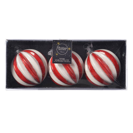 Palline per albero di Natale in vetro color Rosso e Bianco con strisce da 8 cm, confezione da 3 pezzi