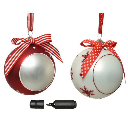 Pallina per albero di Natale in vetro color Rosso e Bianco con fiocco personalizzabile da 10 cm