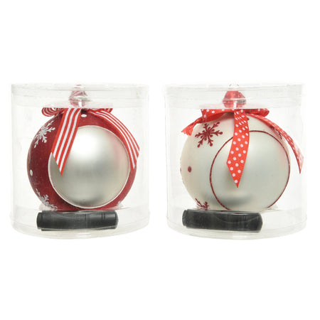 Pallina per albero di Natale in vetro color Rosso e Bianco con fiocco personalizzabile da 10 cm