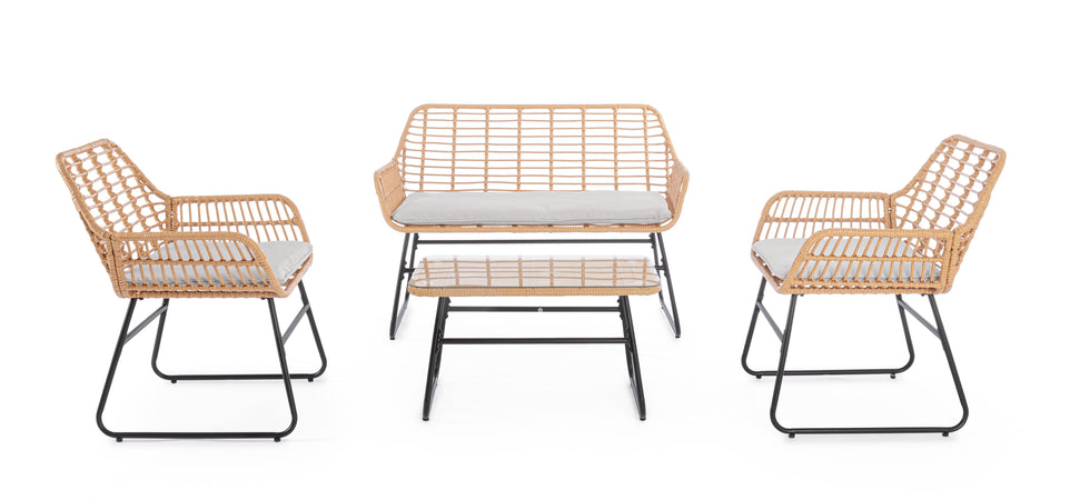 Salottino "Burrel" con poltrone, tavolino e divanetto, struttura in acciaio, per esterno