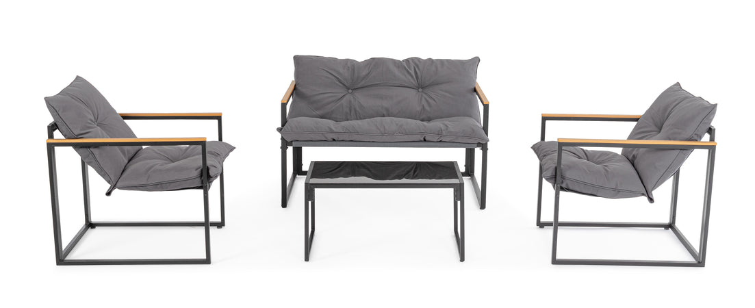 Salottino "Ilda" con poltrone, tavolino e divanetto, struttura in acciaio