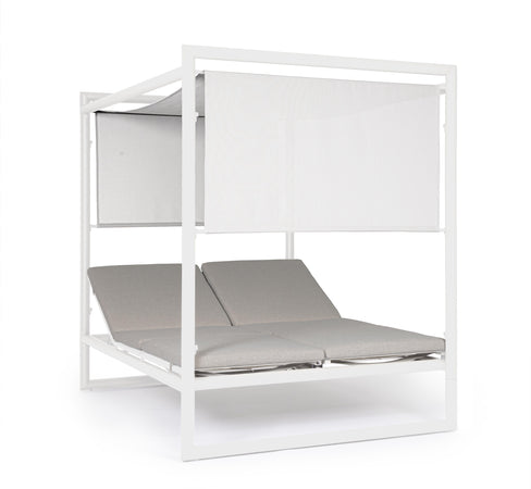 Lettino daybed "Konnor" baldacchino prendisole ad isola per giardino e piscina, reclinabile con tende