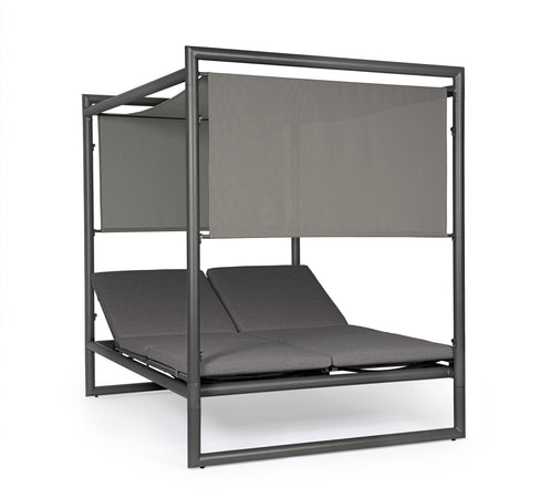Lettino daybed "Konnor" baldacchino prendisole ad isola per giardino e piscina, reclinabile con tende