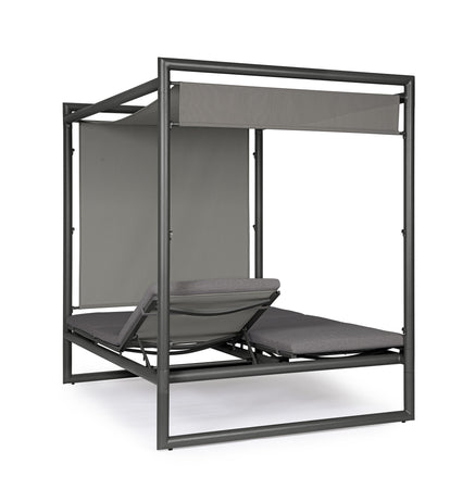 Lettino daybed "Konnor" baldacchino prendisole ad isola per giardino e piscina, reclinabile con tende