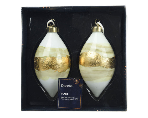 Palline per albero di Natale con forma ovale in vetro bianco e oro decorazione natalizia, 2 pezzi