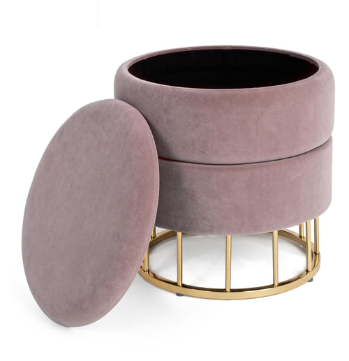 Pouf contenitore tondo con piede ottone Pavlina seduta in velluto arredamento moderno