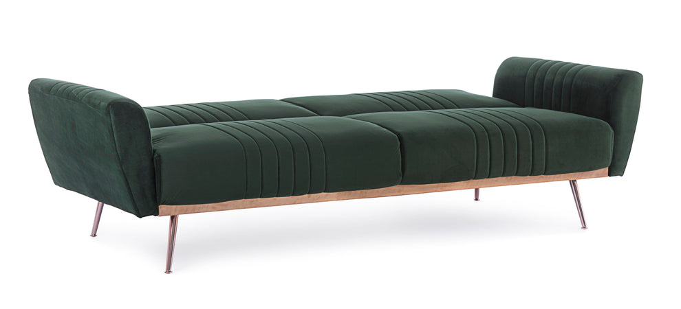 Divano letto in velluto verde 3 posti "Johnny " con piedi e struttura ottone 210 cm