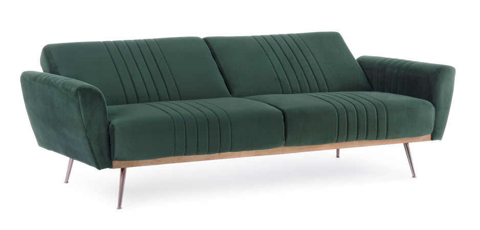 Divano letto in velluto verde 3 posti "Johnny " con piedi e struttura ottone 210 cm