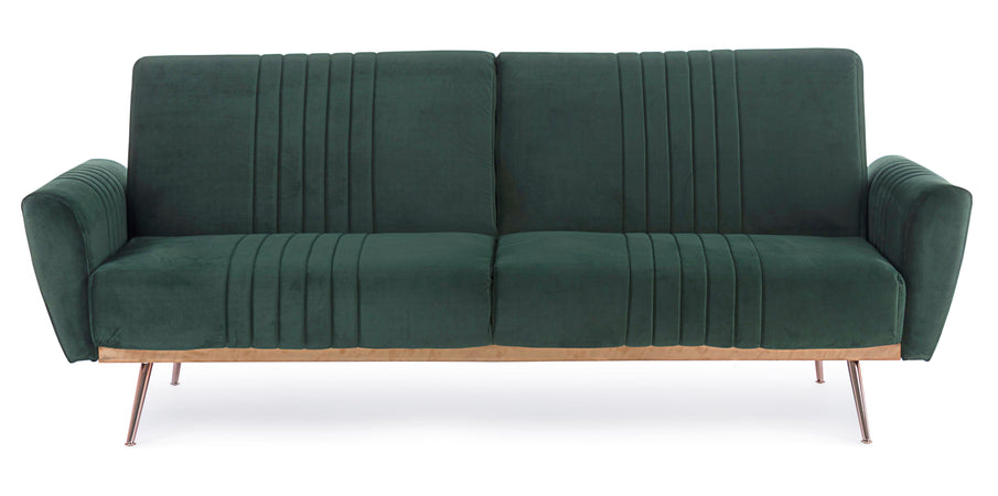 Divano letto in velluto verde 3 posti "Johnny " con piedi e struttura ottone 210 cm
