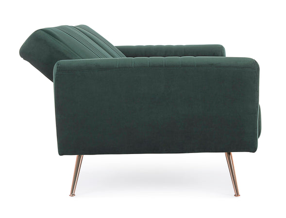 Divano letto in velluto verde 3 posti "Johnny " con piedi e struttura ottone 210 cm