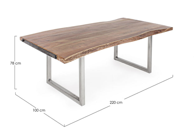 Tavolo Osbert rettangolare, con gambe in acciaio, piano in legno di acacia, stile moderno