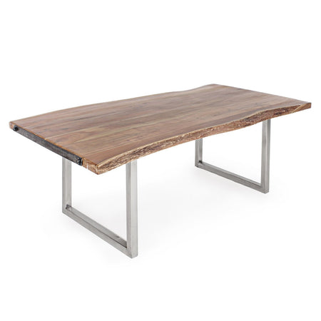 Tavolo Osbert rettangolare, con gambe in acciaio, piano in legno di acacia, stile moderno
