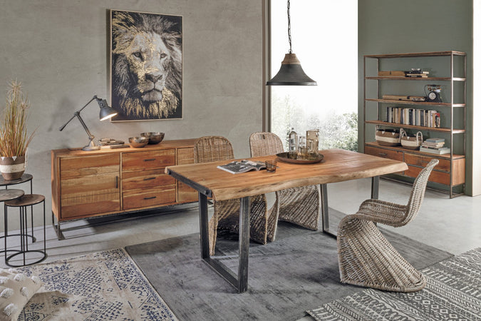 Tavolo Elmer rettangolare, con gambe in acciaio, piano in legno di acacia, stile moderno