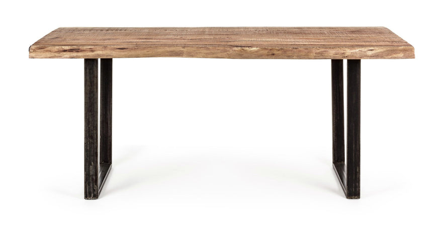 Tavolo Elmer rettangolare, con gambe in acciaio, piano in legno di acacia, stile moderno