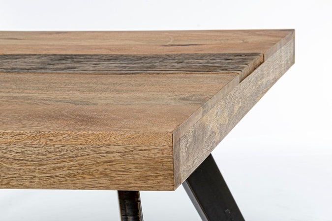 Tavolo Manchester rettangolare, con gambe in acciaio, piano in legno di mango, stile moderno