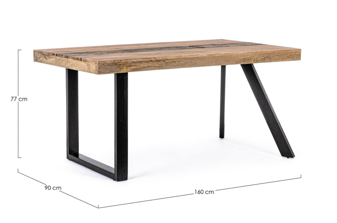 Tavolo Manchester rettangolare, con gambe in acciaio, piano in legno di mango, stile moderno