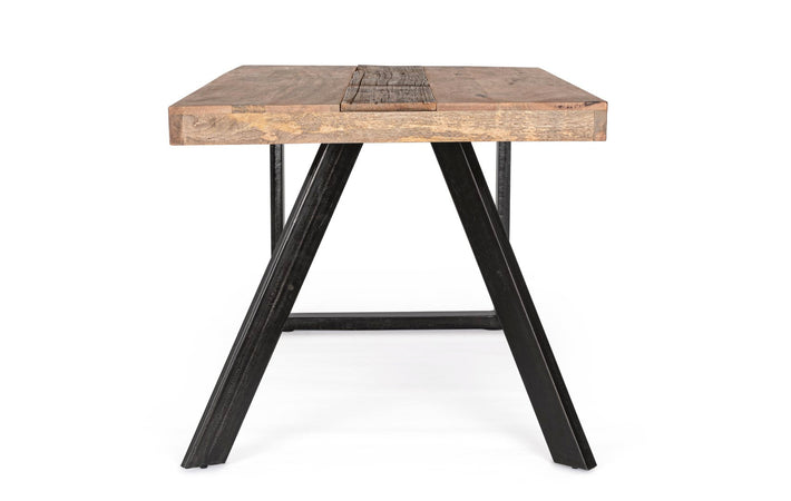 Tavolo Manchester rettangolare, con gambe in acciaio, piano in legno di mango, stile moderno