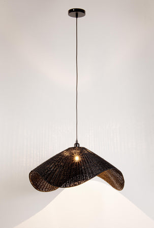 Lampadario "Cappello" in acciaio e vimini h 28 cm