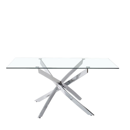 Tavolo "Terra" con gambe incrociate in metallo cromato e piano in vetro temperato, design moderno per arredo interno