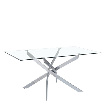 Tavolo "Terra" con gambe incrociate in metallo cromato e piano in vetro temperato, design moderno per arredo interno