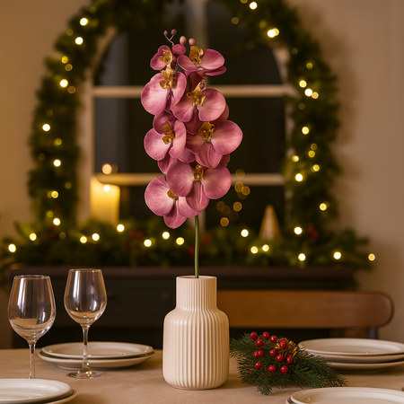 Ramo orchidea decorativo con stelo dorato in poliestere per decorazioni natalizie