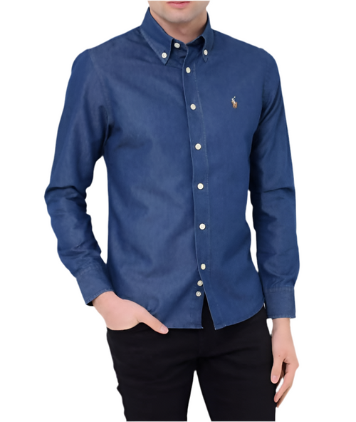 Camicia Uomo Ralph Lauren Uomo Camicia Sportiva in Jeans Denim Scuro Casual Custom Fit Vestibilità Regolare Blu Navy Coletto Button Down E Logo Ricamato