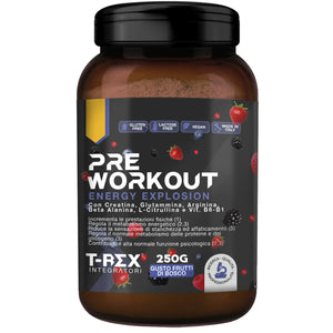 T-rex integratori pre workout, energy drink potente con creatina monoidrata, citrullina, taurina, arginina, beta alanina e vitamine - senza caffeina, 250 g (frutti di bosco, 250 g (confezione da 1))