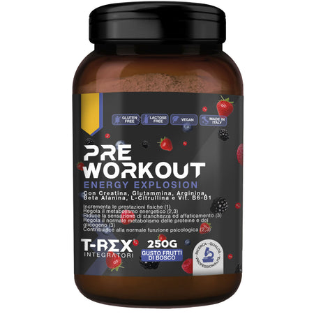 T-rex integratori pre workout, energy drink potente con creatina monoidrata, citrullina, taurina, arginina, beta alanina e vitamine - senza caffeina, 250 g (frutti di bosco, 250 g (confezione da 1))