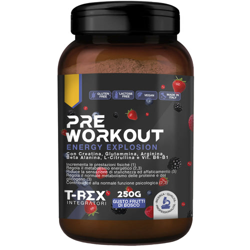 T-rex integratori pre workout, energy drink potente con creatina monoidrata, citrullina, taurina, arginina, beta alanina e vitamine - senza caffeina, 250 g (frutti di bosco, 250 g (confezione da 1))