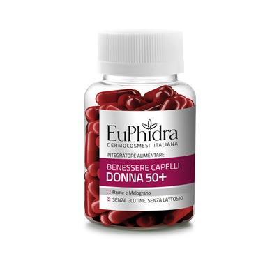 Euphidra - Benessere Capelli Donna 50+ Rame e Melograno Senza glutine, senza lattosio - integratore alimentare confezione doppia 60+60 capsule
