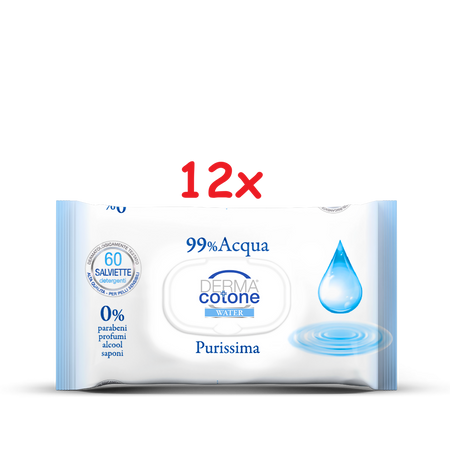 DERMACOTONE Water 99% Acqua Purissima - Salviettine Delicate Detergenti - alta qualità - per pelli sensibili - dermatologicamente testato - 12 pacchi da 60 salviettine - 720 salviettine