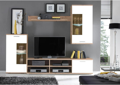 parete attrezzata tv da soggiorno cucina per salotto moderna mobili tv bianco e rovere marrone + led T2302,6,1S
