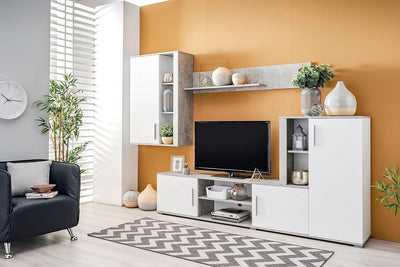 parete attrezzata tv da soggiorno cucina per salotto moderna bianco e grigio cemento T2239,8S
