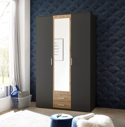 armadio moderno per camera da letto 3 ante battenti 2 cassetti in legno grigio scuro e marrone rovere RF82651,225,0DRR