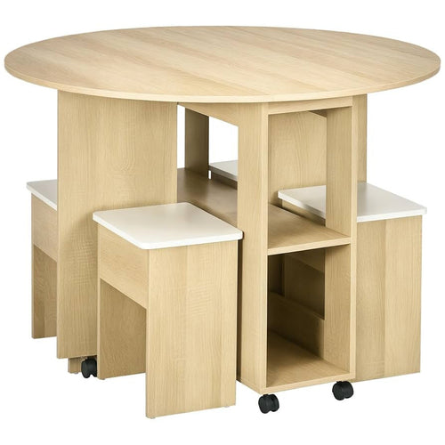 Set Tavolo e Sedie Pieghevole Rovere 5 Pezzi con 2 Ripiani, Tavolo Rotondo Salvaspazio, Sgabelli 100kg - HOMCOM