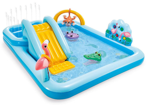 Centro Gioco Gonfiabile Jungle Adventure Intex, Piscina per Bambini con Scivolo, Palme, Fenicottero e Scimmia, Vinile Multicolore, Portata 80kg, 2+ Anni