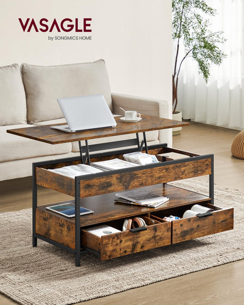 Tavolino da Caffè Rialzabile VASAGLE 50x100 cm Marrone Vintage e Nero con Cassetti e Scomparti, Stile Industriale Elegante