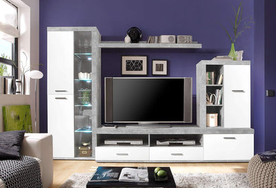 parete attrezzata tv da soggiorno cucina per salotto moderna mobili tv bianco lucido e grigio cemento T2302,105S
