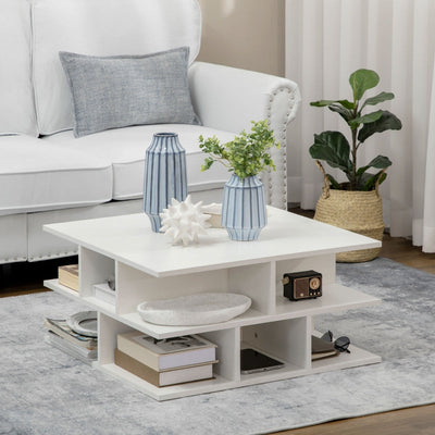 Tavolino da caffè divano contenitore legno moderno soggiorno Basso da Salotto a 2 Livelli con Ripiani Aperti, 70x70x36.5 cm, Bianco F839-240WTA