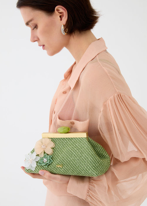 Pochette malaga in paglia con fiori verdi