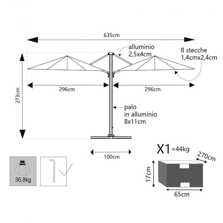 Ombrellone doppio con palo centrale "Archimede" 6 x 3 mt in alluminio da Bar e Ristorante